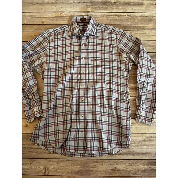 Peter Millar Button Down dress Shirt White Purple Plaid Check Large - Picture 1 of 6